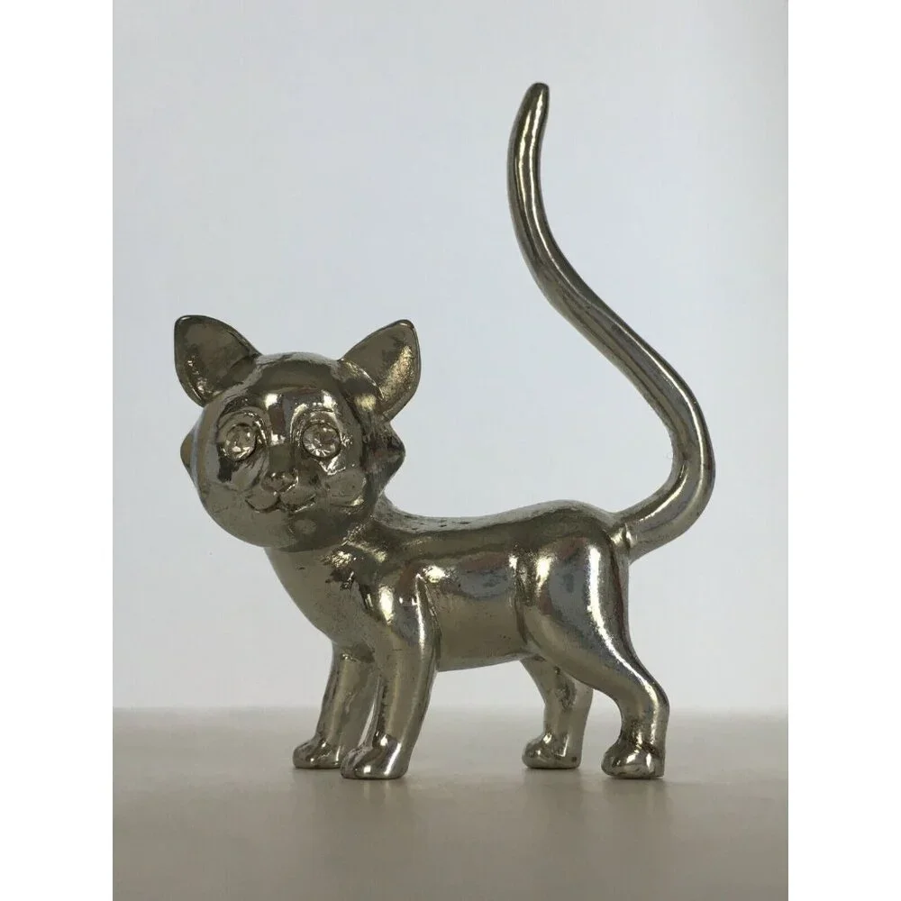 Vintage Cat Ring Holder Jewelry Display Silver Color Rhinestone Eyes Figurine - Picture 5 of 8